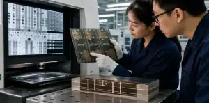 Quality engineers review hybrid PCB layer registration using X-ray targets and a multilayer cross-section