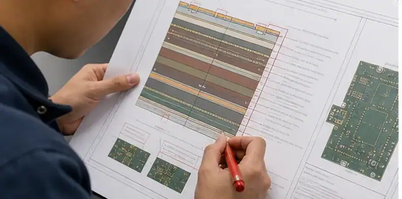 Engineer marking CAM approval boundaries for a hybrid PCB stackup drawing release package