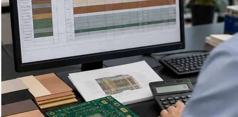 Buyer reviewing quote assumptions for a hybrid PCB stackup drawing before approval