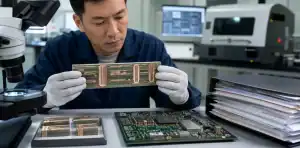 An engineer reviews hybrid PCB via reliability using a mixed-material cross-section and production evidence folder