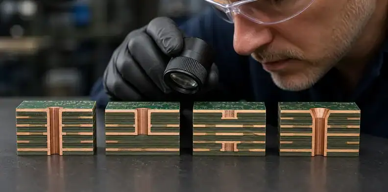 Engineers compare through-hole, backdrill, and blind and buried vias in hybrid PCBs before routing release