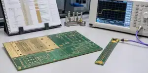 A lab bench shows a mixed-material board, TDR instrument, and hybrid PCB impedance coupon evidence package
