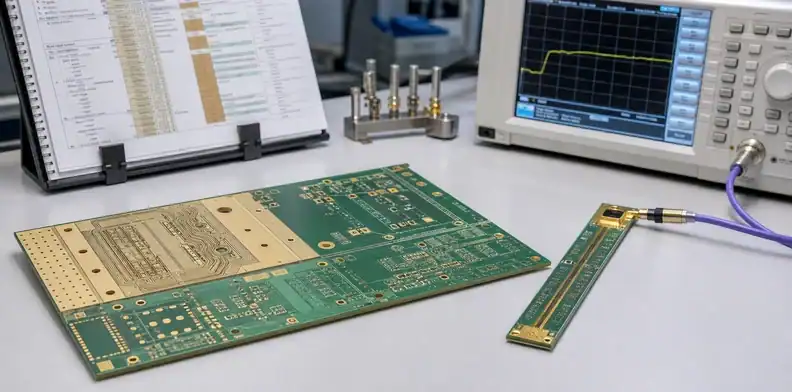 A lab bench shows a mixed-material board, TDR instrument, and hybrid PCB impedance coupon evidence package