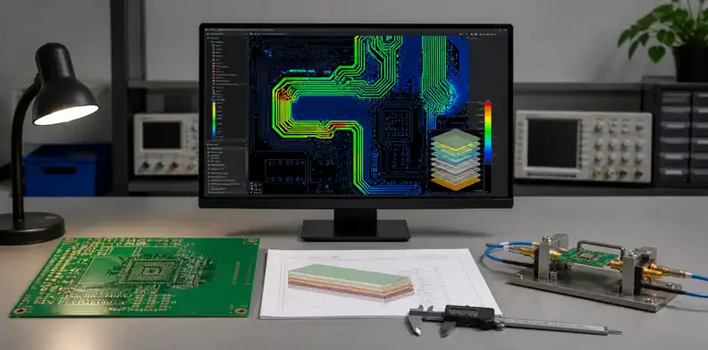 A lab workstation shows ai pcb impedance stackup review with controlled traces, a stackup printout, and a TDR fixture.