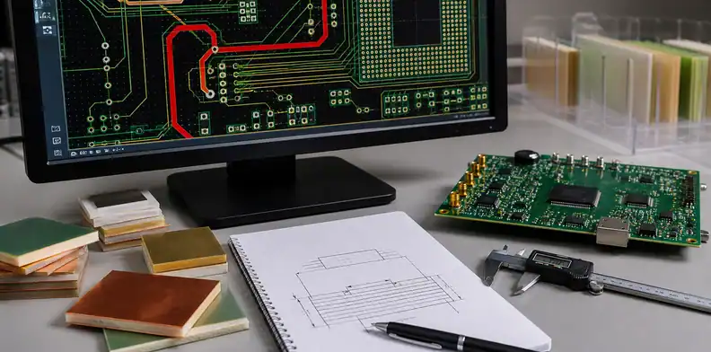 A routed PCB and laminate coupons show ai pcb impedance stackup assumptions behind controlled trace width.