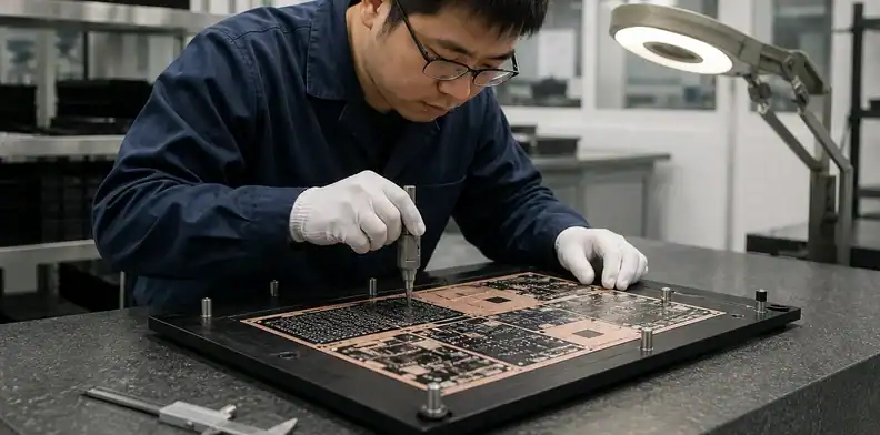 An incoming inspector measures a mixed-material board for hybrid PCB warpage control on a fixture