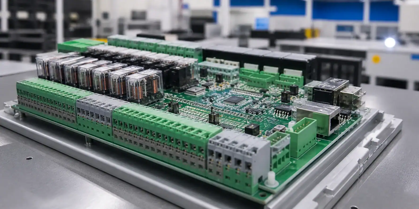 Industrial control systems PCB assembly with PLC terminal blocks and relays