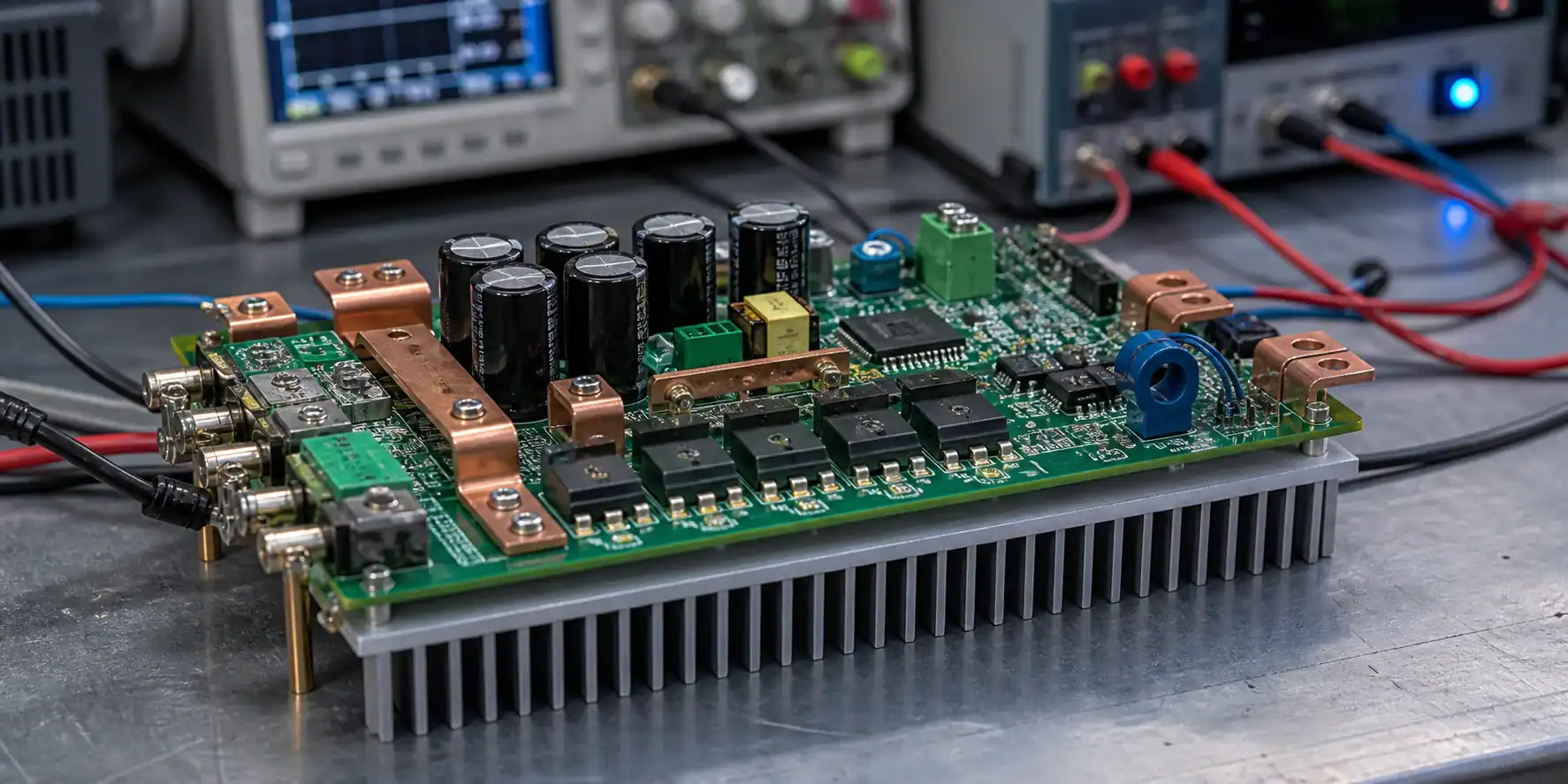 Industrial power drive module PCB assembly with MOSFETs, capacitors, copper bus bars and heatsink