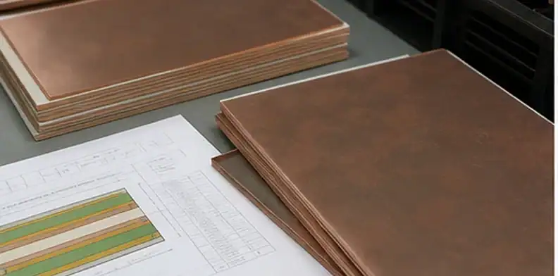 A lamination bench scene shows PCB innerlayer oxide review with treated copper layers, stackup sheets, and press documentation.