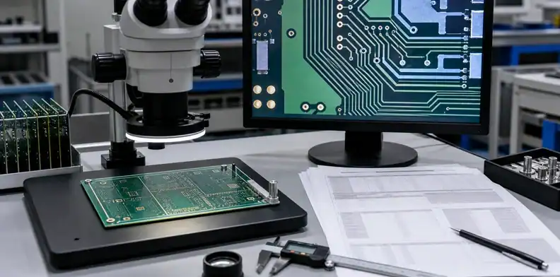 A microscope station checks high precision PCB inspection evidence beside blank report sheets.