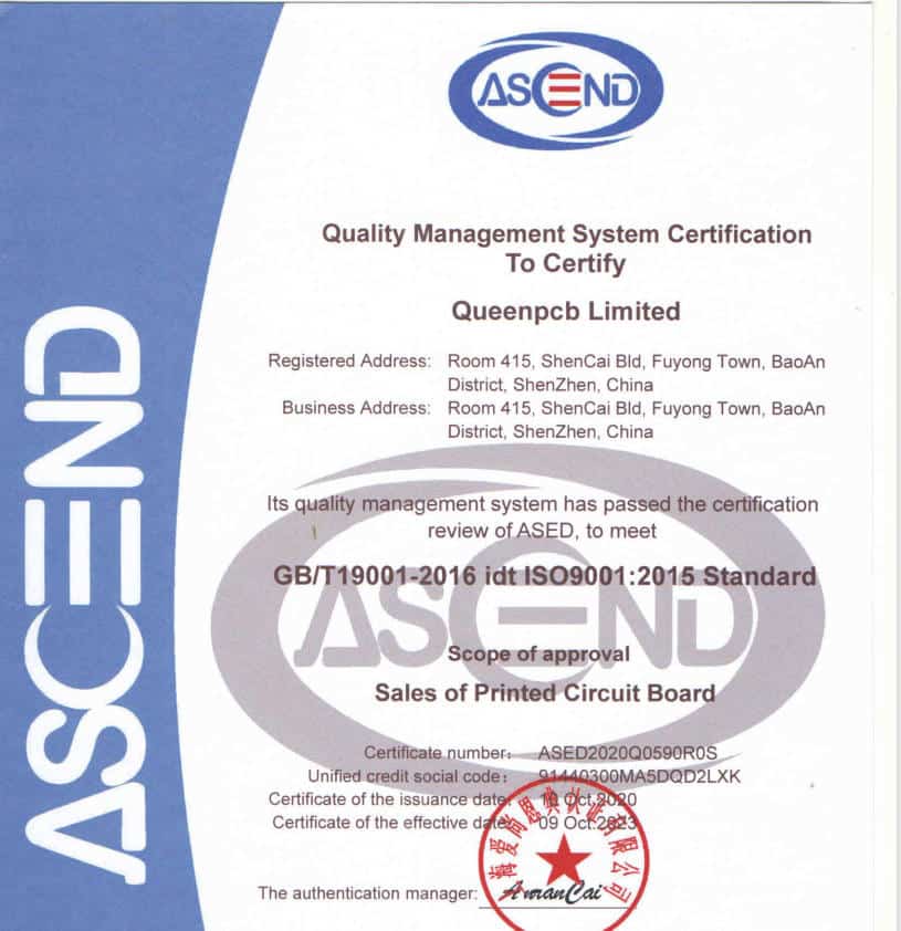 ISO 9001 quality management system certification for PCB and PCBA manufacturing