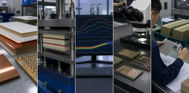 An engineering contact sheet shows BT substrate lamination and layup review in a production lab.