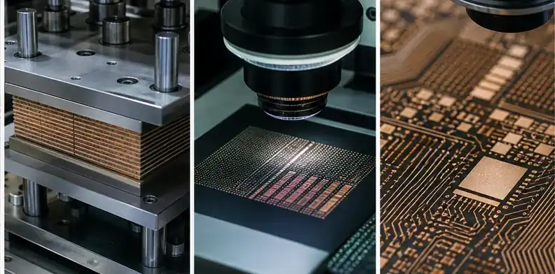 A press and optical tool show the BT PCB manufacturing process for lamination and microvias.