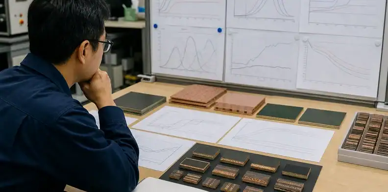 A process engineer reviews press and reliability evidence for hybrid PCB material substitution