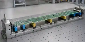 Mechanical datums and copper regions make large PCB design rules visible on an extra-long board.