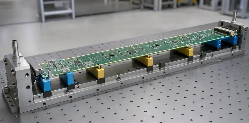 Mechanical datums and copper regions make large PCB design rules visible on an extra-long board.