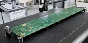 A precision flatness table demonstrates large PCB warpage control before fabrication release.