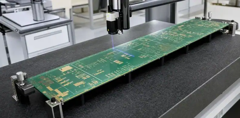 A precision flatness table demonstrates large PCB warpage control before fabrication release.