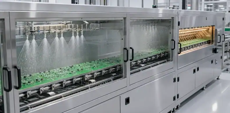 An oversized assembly enters a qualified large PCB cleaning line.