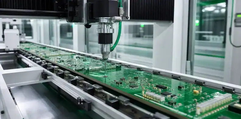 A robotic system applies large PCB conformal coating across a supported assembly.