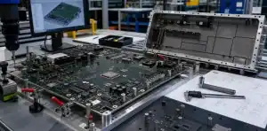 A controlled inspection station reviews a large PCB first article before lot release.