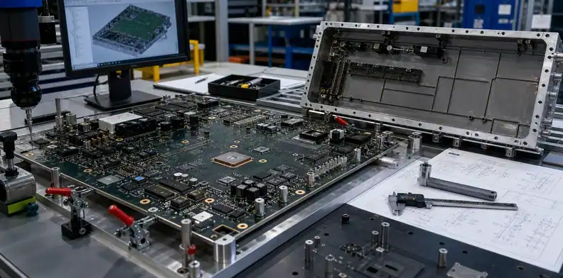 A controlled inspection station reviews a large PCB first article before lot release.