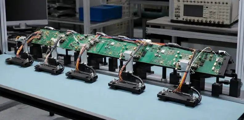Supported cable interfaces complete functional testing in a large PCB test fixture.