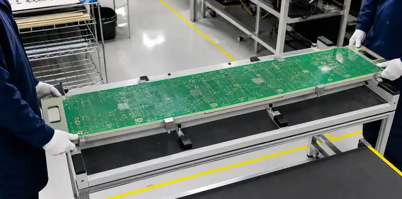 A controlled large PCB handling route separates approved support and contact zones.