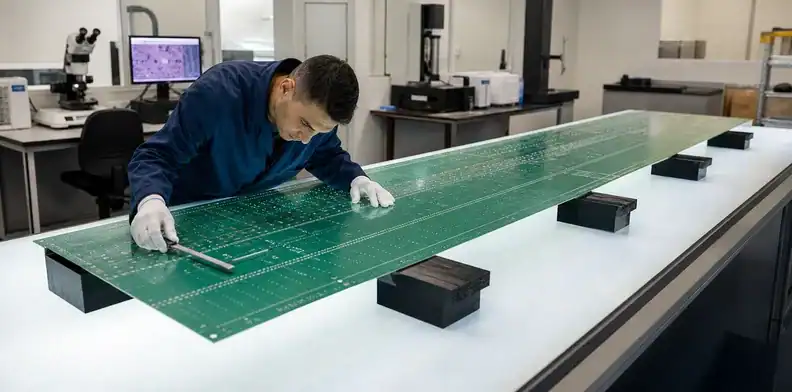 A transfer inspection records edge, surface and flatness condition after large PCB handling.