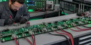 An engineer measures distant nodes on a large PCB power distribution design.