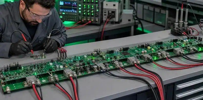 An engineer measures distant nodes on a large PCB power distribution design.