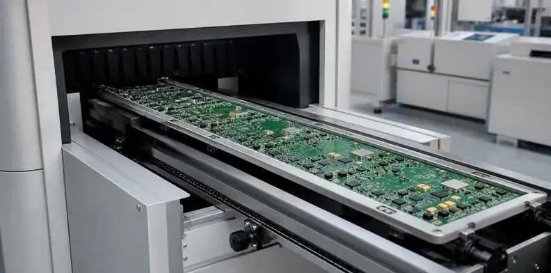 A low-mass perimeter tool supports a populated board as a large PCB reflow carrier.