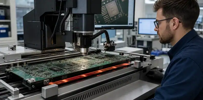 A supported assembly receives controlled heat during large PCB rework.