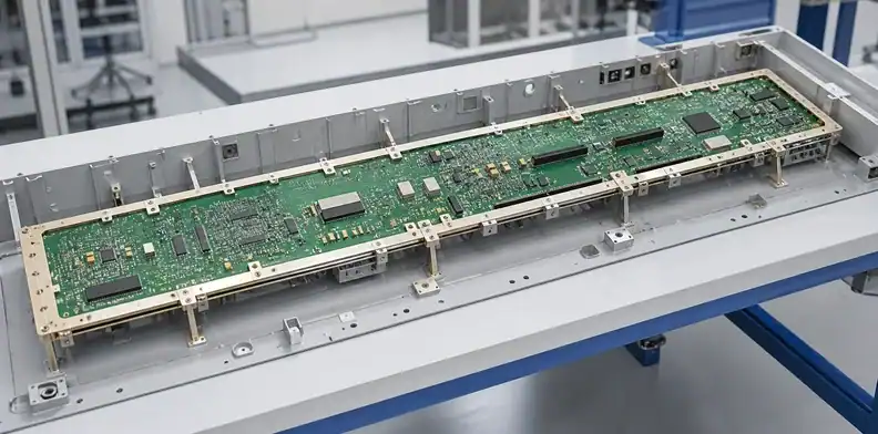 A perimeter frame and local brackets create a controlled large PCB stiffener system.