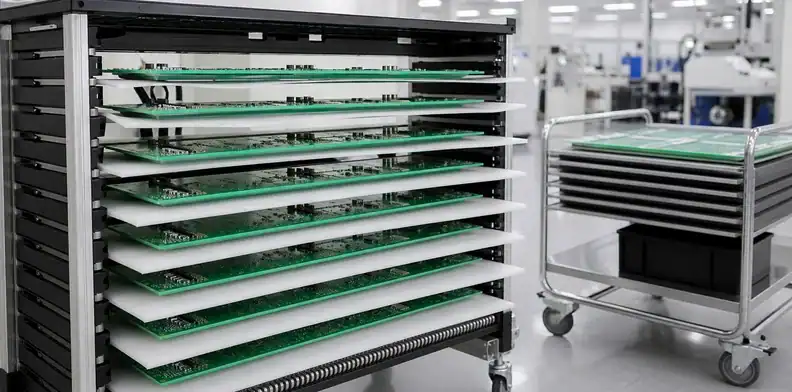 Racked storage and protected transfer preserve large PCB handling controls between shifts.