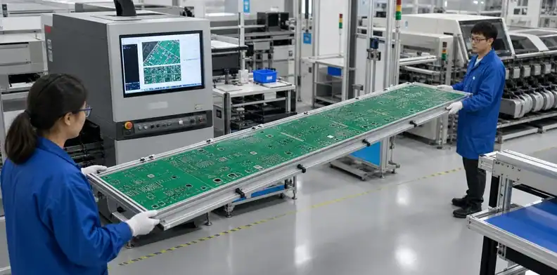 Technicians transfer an oversized board on a full-span carrier during large PCB handling.