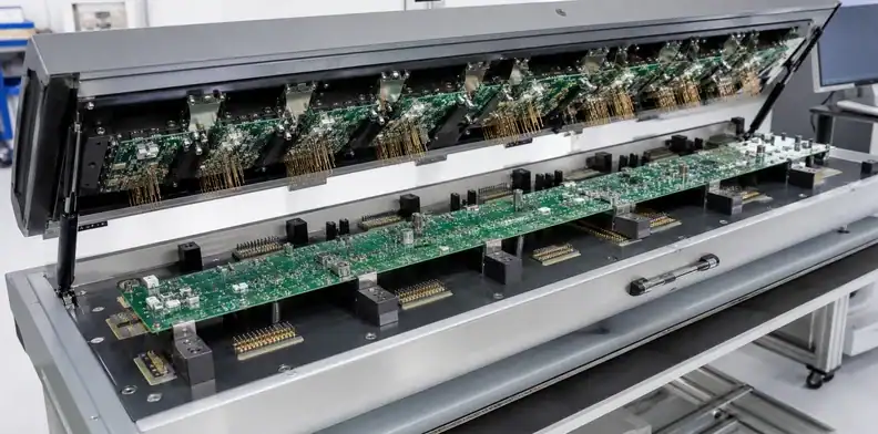 Distributed hold-downs and counter-support balance force in a large PCB test fixture.