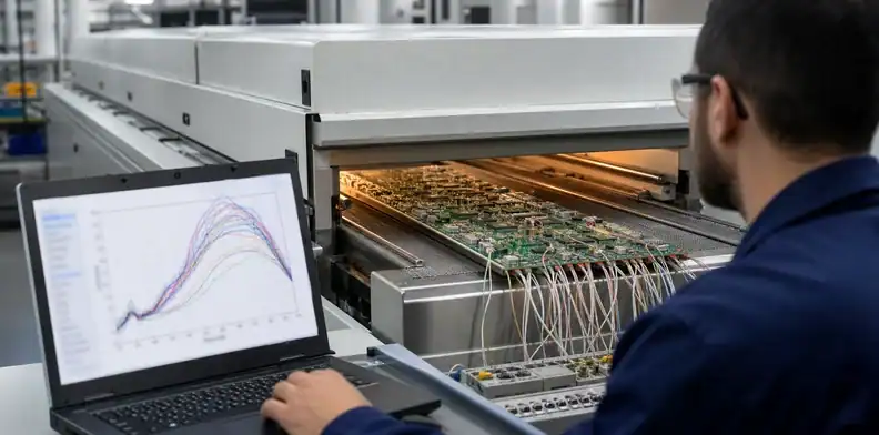 A populated instrumented assembly establishes the large PCB thermal profile across a reflow oven.
