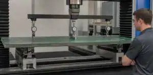 A bending fixture and supports show how large PCB thickness affects structural stiffness.