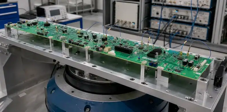 An oversized populated assembly is prepared for large PCB vibration testing.