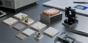 An optical module bench reviews a ceramic pcb for laser diodes beside submount and heat-sink parts.