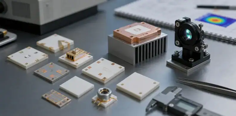 An optical module bench reviews a ceramic pcb for laser diodes beside submount and heat-sink parts.