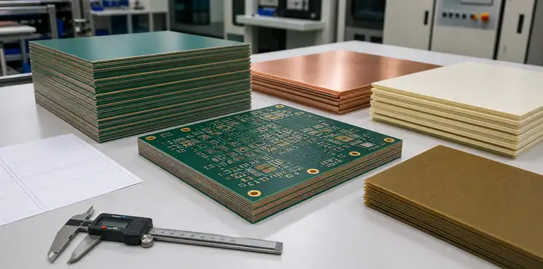 A high-layer count PCB lamination review scene shows flat multilayer panels, copper sheets, prepreg sheets, and calipers.