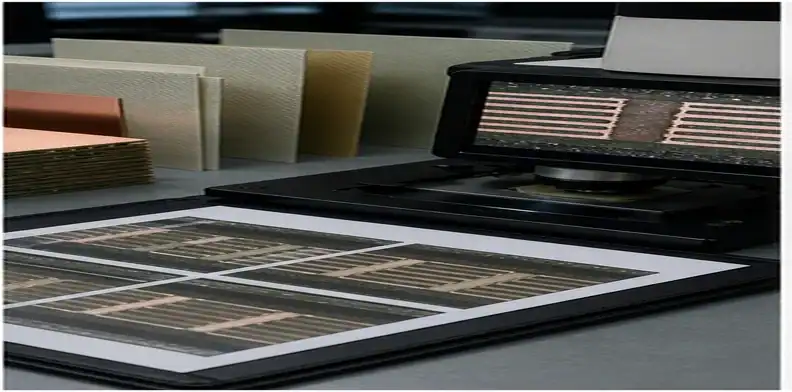 A high-layer count PCB material and microsection review shows laminate samples and cross-section evidence.