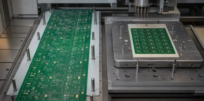 A lamination and registration setup demonstrates why maximum PCB size decreases as layer count rises.