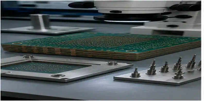 A high-layer count PCB registration review shows dense via arrays, drill bits, microscope, and alignment fixture.