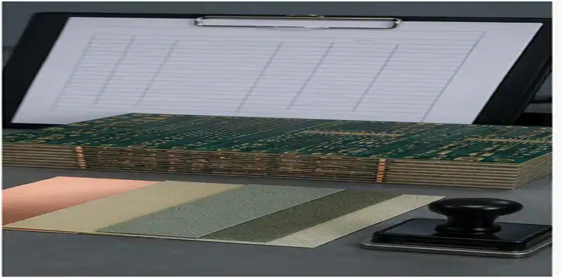 A high-layer count PCB lamination package shows supplier stackup files, material samples, and approval tools.