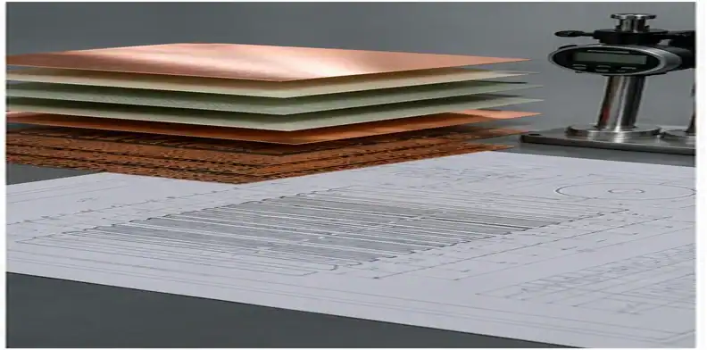 A high-layer count PCB stackup review shows arranged core, prepreg, copper layers, and thickness measurement tools.