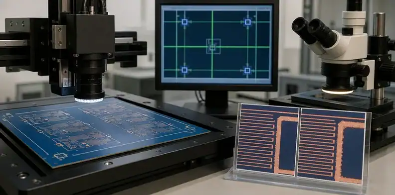Fiducial alignment and resist-edge inspection keep LDI PCB imaging inside its process window.