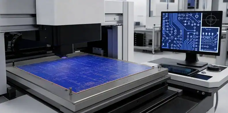 An exposure station uses LDI PCB imaging to align dry film with fine-line registration targets.